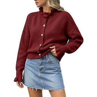 Women Ruffle Cardigan Sweater High Neck Knit Top