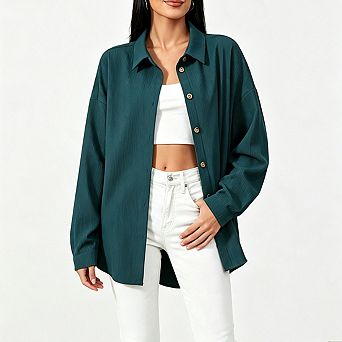 Women Oversized Collared Button Down Shirt Long Sleeve Casual Loose Fit Casual Blouse Shacket