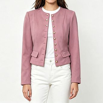 Women Round Neck Cropped Jacket Long Sleeve Gold Button Decor Casual Short Outerwear