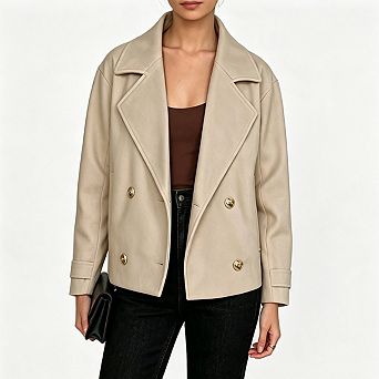 Women Wide Lapel Double Breasted Cropped Coat Long Sleeve Loose Fit Short Jacket with Side Pockets