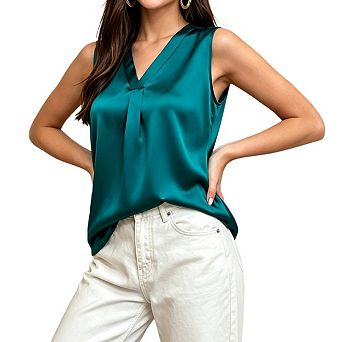 Womens V Neck Sleeveless Satin Blouse Regular Fit Front Pleated Tank Top