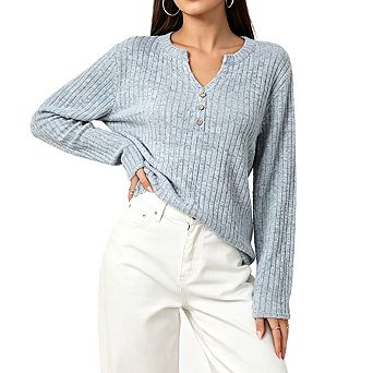 Womens Henley V Neck Long Sleeve Ribbed Knit Top Regular Fit Soft Knit Tops