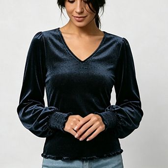 Women's Vintage Velvet Long Sleeve v-Neck Casual Blouse Loose Basic Tops
