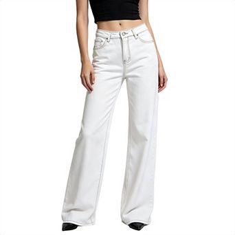 Women High Waist Bell Bottom Jeans Strawberry Embroidery Contrast Denim Pants