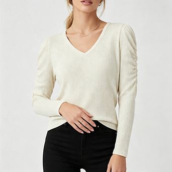 Women's Fall v‑Neck Long Sleeve Lightweight Ribbed Texture Casual Pullover Top