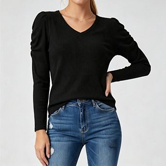 Women's Fall v‑Neck Long Sleeve Lightweight Ribbed Texture Casual Pullover Top