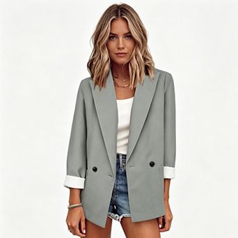 Women Loose Lapel Open‑Front Double‑Breasted Roll‑Up 3/4 Sleeve Blazer