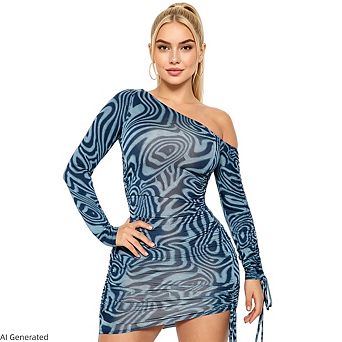 Womens Long Sleeve One Shoulder Printed Lace Up Bodycon Party Mini Dress