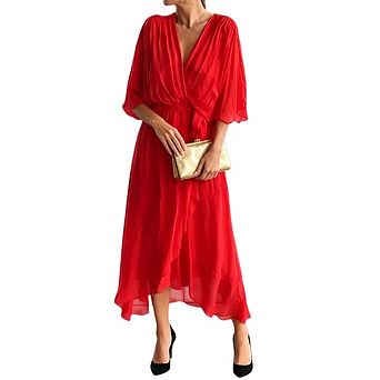 Women Warp Flowy Deep V Neck Bat Sleeve Lace Up BeachCasual Formal Midi Dress