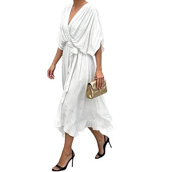 Women Warp Flowy Deep V Neck Bat Sleeve Lace Up BeachCasual Formal Midi Dress
