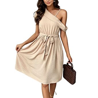 Womens One Shoulder Casual Sleeveless Belted Waist Flowy A Line Midi Dress