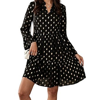 Women's V Neck Printed Long Sleeve Casual Polka Dots Flowy Mini Dress