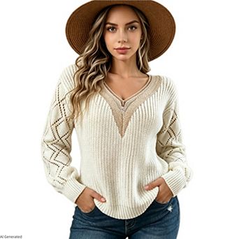 Women's Boho Lace V Neck Knit Sweater Causal Long Sleeve Hollow Out Pullover