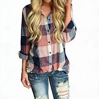 Women's Casual Long Sleeve Plaid Button-Up Shirt