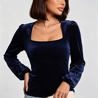 Women's Fall Velvet Long Sleeves Square Neckline Casual Vintage Tops