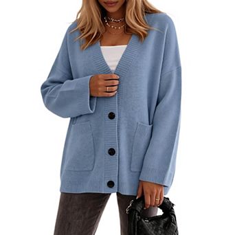 Womens Loose Knit Cardigan, V‑Neck Button Front Long Sleeve Casual Sweater with Pockets