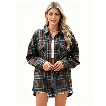 Womens Oversized Shirts Button Down Long Sleeve Plaid Shirt Business Casual Blouse Top