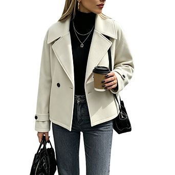 Women's Casual Lapel Long Sleeve Jacket Loose Double Breasted Wool Blend Coats