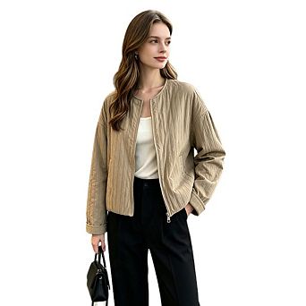 Women's Casual Crew Neck Long Sleeve Jacket Loose Zip Up Textured Coats With Side Pockets