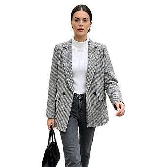 Women's Casual Lapel Long Sleeve Plaid Tweed Blazer Button Open Front Suit Coats With Pockets
