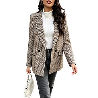 Women's Casual Lapel Long Sleeve Plaid Tweed Blazer Button Open Front Suit Coats With Pockets