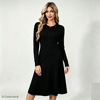 Women Casual Fall Long Sleeve Crew-Neck Sweater Dress Cable-Knit Midi Dresses