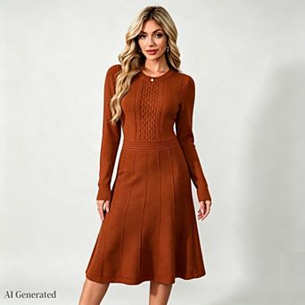 Women Casual Fall Long Sleeve Crew-Neck Sweater Dress Cable-Knit Midi Dresses
