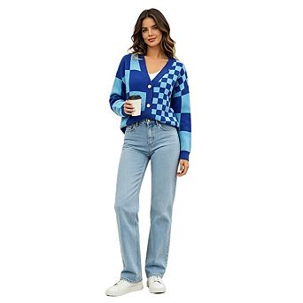 Women Color Block Checkered Knit Cardigan V Neck Button Down Long Sleeve Cropped Sweater Outerwear