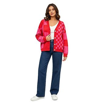 Women Color Block Checkered Knit Cardigan V Neck Button Down Long Sleeve Cropped Sweater Outerwear