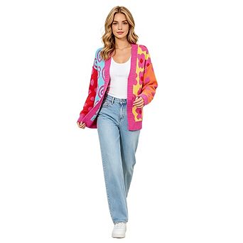 Women Open Front Color Block Printed Knit Cardigan Long Sleeve Loose Casual Sweater Outerwear