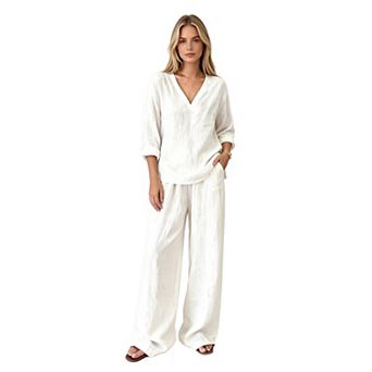 Women's 2 pc Set V Neck Shirt Wide Leg Pants Lightweight Loungewear Tracksuit with Pockets
