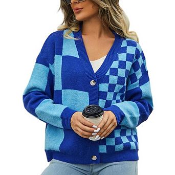 Women Color Block Checkered Cardigan V‑Neck Button Down Long Sleeve Loose Knit Sweater Coat