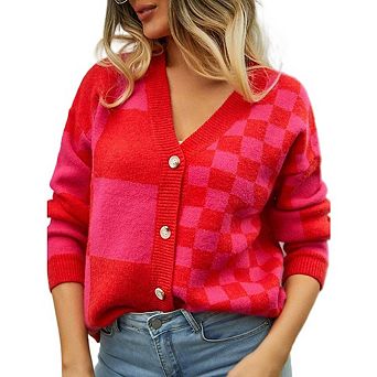 Women Color Block Checkered Cardigan V‑Neck Button Down Long Sleeve Loose Knit Sweater Coat