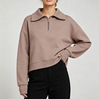 Women's Quarter‑Zip Turn‑Down Collar Drop Shoulder Long Sleeve Relaxed‑Fit Cozy Casual Top