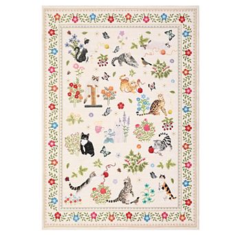 Whimsical Cat Floral Area Rug Vintage Kitten Animal Butterfly Print Carpet Cute Christmas Decor Mat