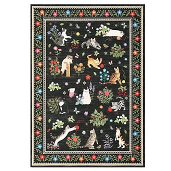 Whimsical Cat Floral Area Rug Vintage Kitten Animal Butterfly Print Carpet Cute Christmas Decor Mat