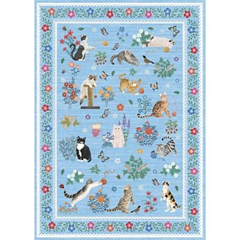 Whimsical Cat Floral Area Rug Vintage Kitten Animal Butterfly Print Carpet Cute Christmas Decor Mat