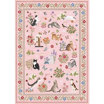 Whimsical Cat Floral Area Rug Vintage Kitten Animal Butterfly Print Carpet Cute Christmas Decor Mat