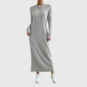 Womens Sweater Maxi Dress Long Sleeve Crew Neck Ribbed Knit Slim Fit Bodycon Fall Dresses