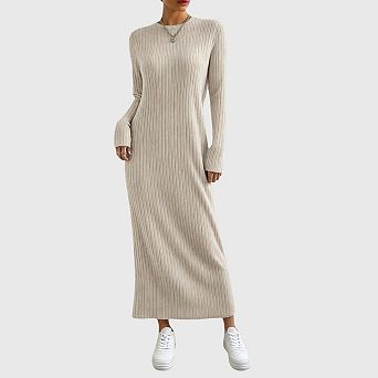 Womens Sweater Maxi Dress Long Sleeve Crew Neck Ribbed Knit Slim Fit Bodycon Fall Dresses