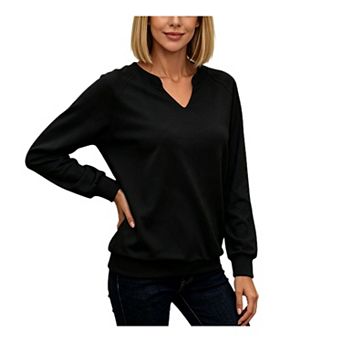 Women's Casual Notched V Neck Sweatshirt Raglan Long Sleeve Ribbed Cuffs Relaxed Fit Daily Pullover