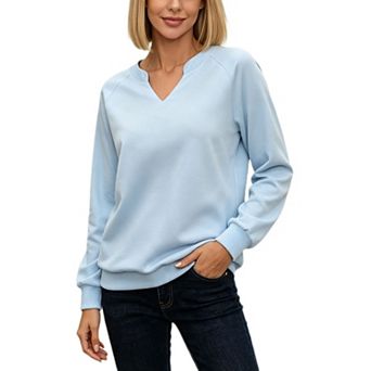 Women's Casual Notched V Neck Sweatshirt Raglan Long Sleeve Ribbed Cuffs Relaxed Fit Daily Pullover
