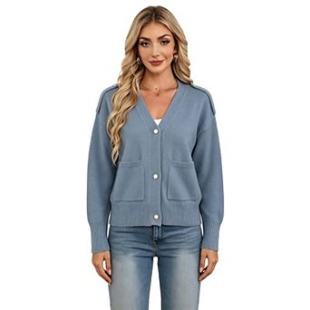 Women's Button Down Cardigan Sweaters Long Sleeve Classic V Neck Knit Soft Cardigan with Pocket