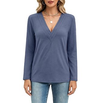 Womens V Neck Long Sleeve Shirts Pleated Dressy Casual Tops Loose Fit T Shirt