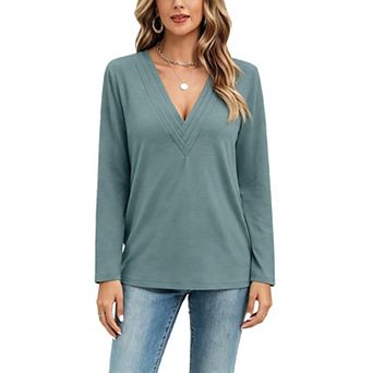 Womens V Neck Long Sleeve Shirts Pleated Dressy Casual Tops Loose Fit T Shirt