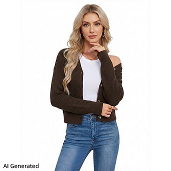 Women’s Cable Knit Crop Cardigan, Balloon Long Sleeve Knitted Sweater