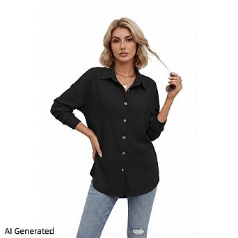Women’s V‑Neck Button Down Blouse, Long Sleeve Loose Fit Top For Fall Business Wear