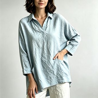 Women's Collared v‑Neck Oversized Cotton Top with Side Pockets, Lightweight Breathable Blouse