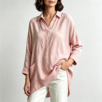 Women's Collared v‑Neck Oversized Cotton Top with Side Pockets, Lightweight Breathable Blouse