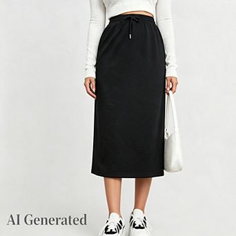 Women's Midi Skirt Drawstring High Waist Sweat Skirts with Pockets